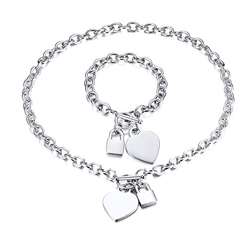 VNOX Personalized Initial Name Stainless Steel Trendy Cable Chain Bracelet Neckalce Set with Padlock Heart Charm and Toggle Clasp Closure - color: Silver Necklace+Bracelet
