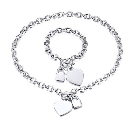 VNOX Personalized Initial Name Stainless Steel Trendy Cable Chain Bracelet Neckalce Set with Padlock Heart Charm and Toggle Clasp Closure - color: Silver Necklace+Bracelet