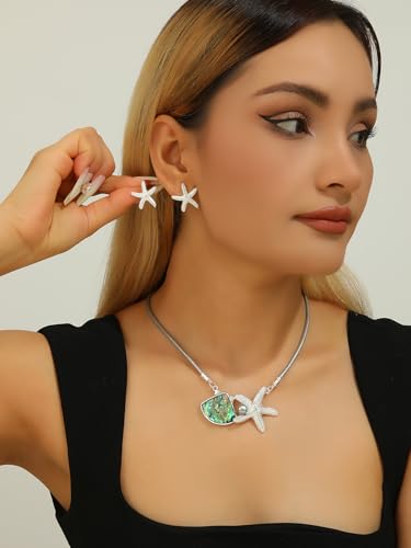 Chunky Statement Jewelry Set Blue Ocean Seashell Choker Necklaces Earrings Set for Women Pearl Bib Collar Necklaces for Party Prom Pageant Summer Fashion Jewelry Unique Birthday Gift - style: starfish abalone shell JS silver grey