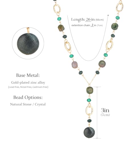 FULU AUTUMN Long Gold Beaded Necklaces for Women Natural Stone Bead Statement Pendant Necklace Y Sweater Chain Fashion Jewelry Gifts - color: Green