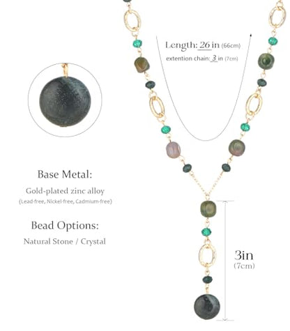 FULU AUTUMN Long Gold Beaded Necklaces for Women Natural Stone Bead Statement Pendant Necklace Y Sweater Chain Fashion Jewelry Gifts - color: Green