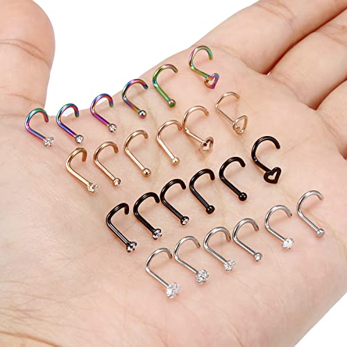18G 20G Nose Rings Piercings Hypoallergenic Nose Studs 316L Surgical Steel Heart Nose Rings L Shaped Straight Screw Nose Piercing Jewelry for Women Men Silver Black Rose Gold Colorful - color: 18G Mix Color-Screw Shaped