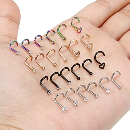 18G 20G Nose Rings Piercings Hypoallergenic Nose Studs 316L Surgical Steel Heart Nose Rings L Shaped Straight Screw Nose Piercing Jewelry for Women Men Silver Black Rose Gold Colorful - color: 18G Mix Color-Screw Shaped