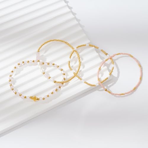 Dainty Gold Plated Pearl Crystal Beaded Bracelets Set for Women 14K Gold Plated Bead Pearl Beads Bracelet Stackable Paperclip Link Chain Bracelets Gold Plated Bracelets for Women Trendy Jewelry - color: Style3-gold cross pcs