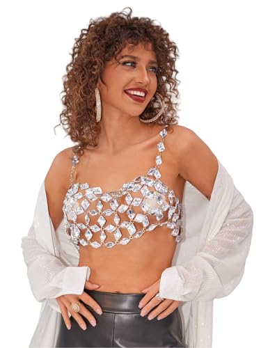 Rhinestones Body Chain Suit Silver Crystal Bikini Bra Underwear Sexy Sparkly Party Body Jewelry Accessories for Women - color: Silver