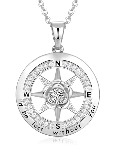 Meeshi Silver Compass Necklace for Women Birthday Gifts for Wife Anniversary Necklace for Women Rose Flower Birthstone Necklaces for Wife Jewelry for Womens Girlfriend Mom Daughter - style: 04-April-Diamond