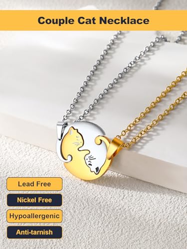 U7 Cat Pendant Necklace for Women Stainless Steel Cute Kitty Cat Jewelry Gift - style: 02-Round Cat Set-Gold+Steel