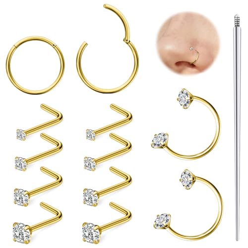 Hoeudjo 18G Horseshoe Nose Ring Surgical Steel Hinged Nose Hoops for Women Nose Studs 1.5MM/2MM/2.5MM/3MM Cubic Zirconia Bone & Screw & L-shaped Nostril Ring Body Piercing Jewelry for Women Men - color: goldtone,L-shaped nose studs, size: 1.5/2/2.5/3mm CZ