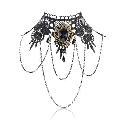 AILUOR Punk Rock Wedding Party Handmade Black Lace Choker, Gothic Retro Lolita Beads Chain Vampire Pendant Necklace for Women Halloween - color: Black-C
