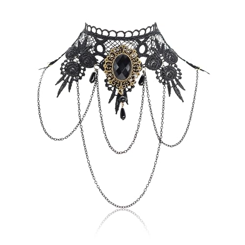 AILUOR Punk Rock Wedding Party Handmade Black Lace Choker, Gothic Retro Lolita Beads Chain Vampire Pendant Necklace for Women Halloween - color: Black-C