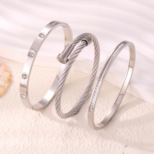 Camhanno Stackable Silver Bracelets for Women Stainless Steel Love & Friendship Bangle, Mothers Day Valentines Birthday Christmas Jewelry Gifts for Mom Her Wife Grandma - style: Style 7
