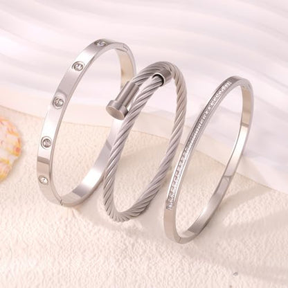 Camhanno Stackable Silver Bracelets for Women Stainless Steel Love & Friendship Bangle, Mothers Day Valentines Birthday Christmas Jewelry Gifts for Mom Her Wife Grandma - style: Style 7