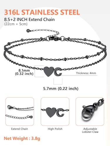 Ankle Bracelets for Women Waterproof 14K Gold/Silver/Black Initial Anklet for Women Dainty Layered Heart Ankle Bracelets Stainless Steel Adjustable Foot Chain Anklet Summer Beach Jewelry - color: C-Black