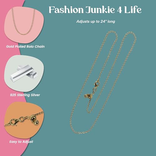 FashionJunkie4Life Gold Plated Sterling Silver Adjustable Rolo Chain | 1mm Chain Adjusts up to 24" with Lobster Clasp | Gold Plated Round Link Jewelry for Women & Men