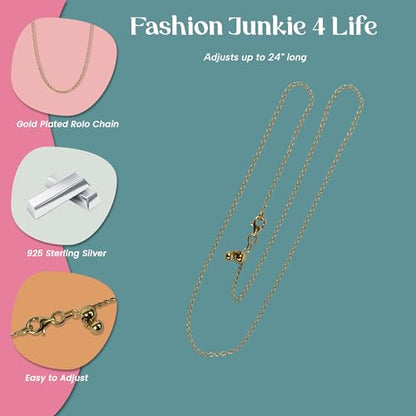 FashionJunkie4Life Gold Plated Sterling Silver Adjustable Rolo Chain | 1mm Chain Adjusts up to 24" with Lobster Clasp | Gold Plated Round Link Jewelry for Women & Men