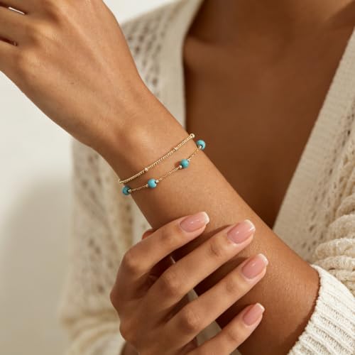 Gold Bracelets for Women Dainty 14K Gold Plated Layered Chain Bracelets Turquoise Green Aventurine Crystal Beaded Bracelets for Women - color: Turquoise