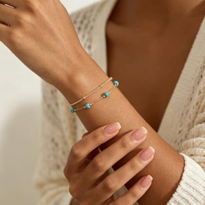 Gold Bracelets for Women Dainty 14K Gold Plated Layered Chain Bracelets Turquoise Green Aventurine Crystal Beaded Bracelets for Women - color: Turquoise