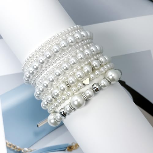Pearls Bracelets for Women Simulated White Pearl Beaded Bracelet Stack Stackable Stretch Pearl Jewelry Set Multilayered Elastic Gold Pearls Bracelet Set for Prom Party Christmas Gift - style: 10S