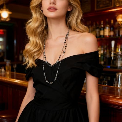 Long Pearl Necklaces for Women Pearl Long Chain Necklace Gold Chain Dainty Delicate Station Necklace Jewelry for Dress Party - color: 2Layer Black