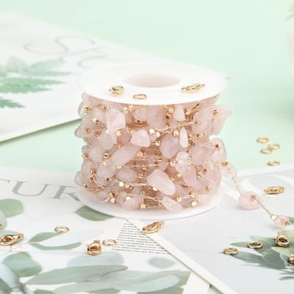 KYUNHOO 16.4FT Light Pink Natural Gemstone Jewelry Making Chain Supplies | Gold Plated Brass Chains Bulk Stone Link Chain Roll witj Clasps for Crafts DIY Jewelry Findings - color: Natural Stone-Light Pink