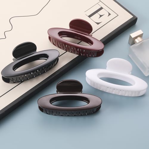 4 Pack Oval Hair Clip, 4.7" Large Durable Trendy Hair Claw Clip with Bead & Butterfly Spring, Premium PC Material Cozy Fashion Hair Claw for Thick Hair, Gift Set for Women Girls, Daily Wear - color: Classic Color 3: Black, White, Wine Red and Chocolate Br