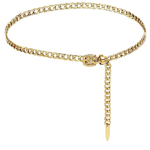 Gold Chain Belt for Women, Metal Cuban Link Waist Belt with Adjustable Buckle, Fashion Chunky Chain for Dresses Jeans - color: Gold-Cuban Link