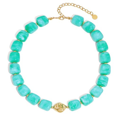 Chunky Beaded Necklace for Women,Square Resin beads boho Choker Necklace with gold-tone spacers,Fashion Trendy Summer Beach Party Necklaces Handmade Surfer Beach Necklaces Jewelry Gifts - color: Green