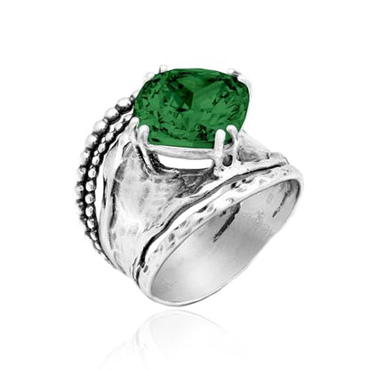 JEAN RACHEL JEWELRY 925 Sterling Silver Prong Solitaire Ring | Raised crown engagement style ring mounting a precision faceted brilliant Cubic Zirconia solitaire over stacked silver rows. - color: Emerald CZ