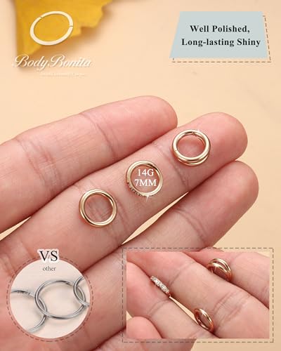 BodyBonita 3pcs Nose Rings Hoops - Double Hoop Nose Ring 14/16/18/20G Hinged CZ Piercing Jewelry Septum Clicker Rings Cartilage Earring Helix Rook Tragus Daith 7mm/8mm/9mm/10mm - color: 14K Gold Plated, size: 14 gauge-7mm