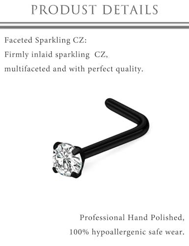 Hoeudjo Hypoallergenic Nose Rings Studs 24G Surgical Stainless Steel Cubic Zirconia Nose Studs for Women Men Screw & Bone & L Shaped Nostril Piercing Jewelry with 1.5mm 2mm 2.5mm 3mm CZ - color: black,L-shaped nose studs