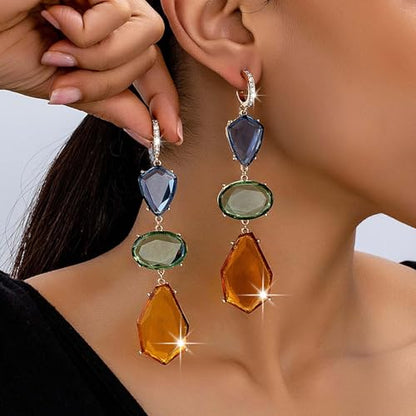 Gemstone Earrings for Women Rhinestone Crystal Dangle Drop Teardrop Gold Hoop Statement Dainty Earrings Boho Jewelry Gifts