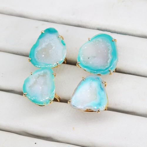 Elegant Geode Druzy Gemstone Statement Ring for Women, Adjustable Ring, Gold Plated Stone Size 20-25mm - color: Green, style: 1