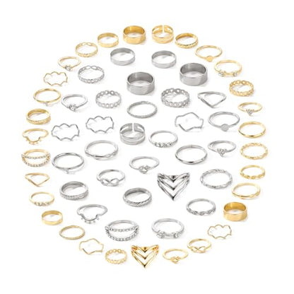 Golden Silvery Knuckle Rings Set for Women, Stackable Rings Bohemian Crystal Hollow Carved Flowers Joint Finger Rings Pack Fashion Jewelry Gifts for Birthday - color: 60 PCS