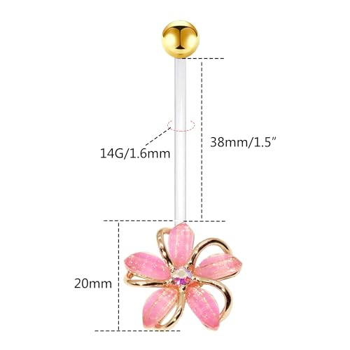 VERAMI 14G 38mm Pregnancy Belly Button Rings Flexible Bioplast Long Bar Flower Belly Rings for Maternity Clear Navel Piercing Retainer - color: Gold-pink flower