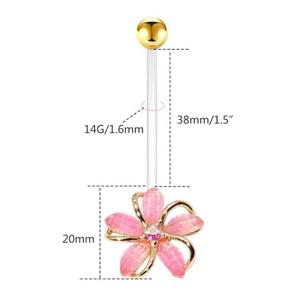 VERAMI 14G 38mm Pregnancy Belly Button Rings Flexible Bioplast Long Bar Flower Belly Rings for Maternity Clear Navel Piercing Retainer - color: Gold-pink flower
