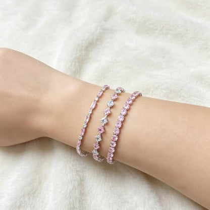 3Pcs Women Stackable 14K Gold Plated Tennis Bracelet with Colorful CZ | Dainty Classic Everyday Jewelry 14K Gold Plated Colorful Cubic Zirconia Tennis Bracelet Created Diamond for Wedding 7 inches - color: silver pink