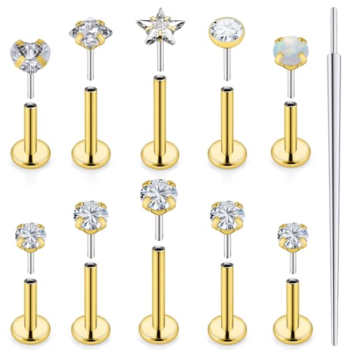 20G 18G 16G Push in Theadless Nose Rings Studs Hypoallergenic Lip Labret Jewelry Flat Back Nose Stud Stainless Steel Cartilage Helix Tragus Earrings for Women Men 6mm 7mm 8mm Bars Diamond 3mm - color: A:18G-Gold-Push in-Bar 6mm 7mm 8mm