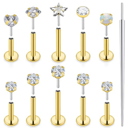 20G 18G 16G Push in Theadless Nose Rings Studs Hypoallergenic Lip Labret Jewelry Flat Back Nose Stud Stainless Steel Cartilage Helix Tragus Earrings for Women Men 6mm 7mm 8mm Bars Diamond 3mm - color: A:18G-Gold-Push in-Bar 6mm 7mm 8mm
