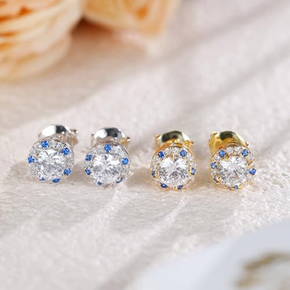 Titanium Stud for Sensitive Ears, Gold Plated Halo Cubic Zirconia Earrings - color: Round Yellow Stud