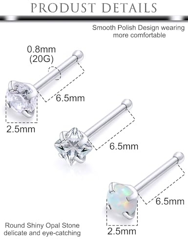 Hoeudjo Opal Nose Studs Surgical Steel Nose Rings Studs Cubic Zirconia L Shaped Nose Piercing Jewelry for Women 20G 18G - color: straight nose studs,20g
