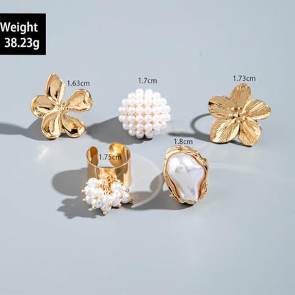 Statement Pearls Cluster Large Irregular Baroque Pearl Rings for Women Vintage Textured Flower Polished Floral Finger Ring Set Punk Cocktail Party Jewelry