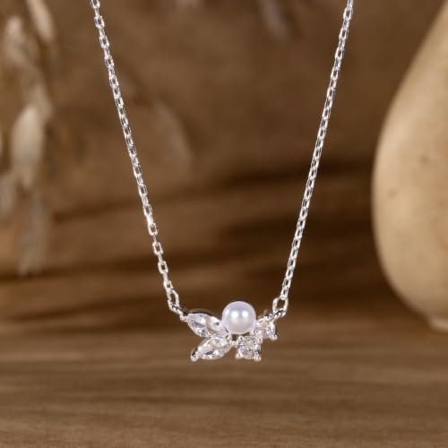 Pearl Necklaces for Women 14k Gold/White Gold Plated CZ Diamond | Dainty Cubic Zirconia Necklace, Bridal Bridesmaids Wedding Jewelry Gifts - color: Silver CZ Round Pearl