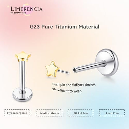 limerencia Titanium Threadless Flat Back Earrings Stud Piercing Jewelry | 20G Press Fit Titanium Push Pop in Cartilage Tragus Labret Lip Medusa Conch Piercing Jewelry Hypoallergenic for Women Men - style: Star Gold