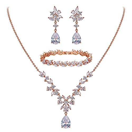 EleQueen Women's Wedding Bridal Jewelry Set for Brides Bridesmaids, Silver/14K Gold/Rose Gold Plated Cubic Zirconia Teardrop Necklace Dangle Earrings Bracelet Sets for Party Prom - color: 03-Rose Gold-Necklace+Earrings+bracelet