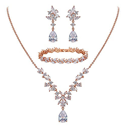 EleQueen Women's Wedding Bridal Jewelry Set for Brides Bridesmaids, Silver/14K Gold/Rose Gold Plated Cubic Zirconia Teardrop Necklace Dangle Earrings Bracelet Sets for Party Prom - color: 03-Rose Gold-Necklace+Earrings+bracelet