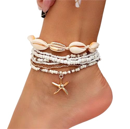 Boho Beach Anklets for woman Set, Sea shell and Starfish Charm, waterproof White Pearl Beaded, 6 Layer Ankle Brace adjustable, bracelet anklet, jewerly for woman