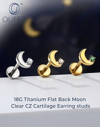 OUFER 18G Moon Cartilage Piercling Jewelry-G23 Titanium Flat Back Push Pin Gold Helix Earrings, Shiny Emerald CZ Tragus Lobe Rook Helix Piercing Jewelry - style: Silver