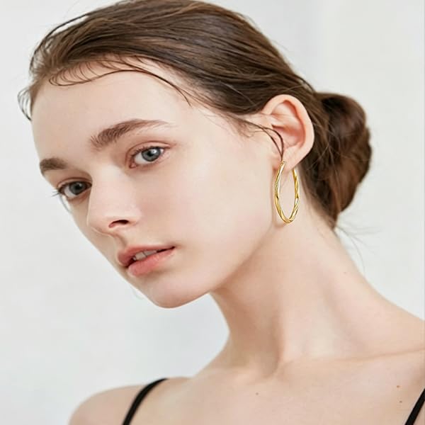 14K Gold Twisted Hoop Earrings, Lightweight Fashion For Women | Hypoallergenic And Skin-friendly, Long-lasting Shine, A Blend Of Individuality And Style, Suitable For Everyday Wear - size: 30mm