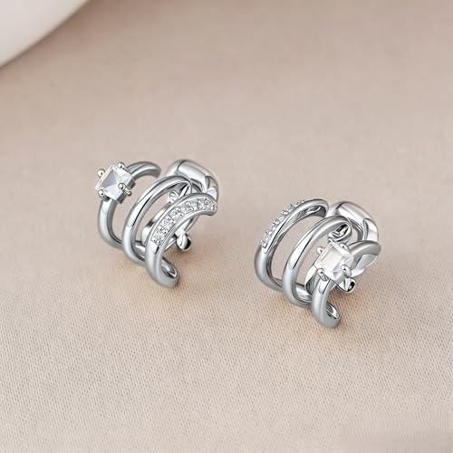 FAN&LOUIS Clip On Earrings Women, Gold Silver Triple Huggie Stud Clip-on Earrings Cubic Zirconia|Double Huggie Hoop Gold Hoop Earrings Clips for Women Trendy Lightweight - style: Silver