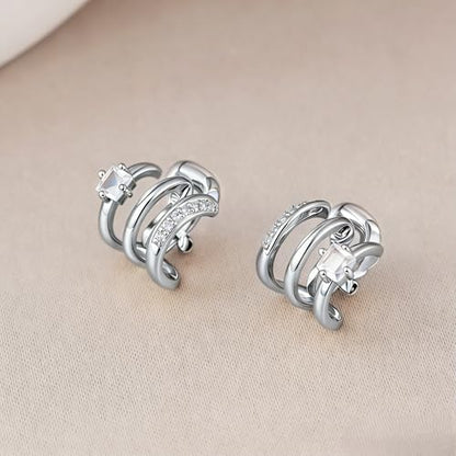 FAN&LOUIS Clip On Earrings Women, Gold Silver Triple Huggie Stud Clip-on Earrings Cubic Zirconia|Double Huggie Hoop Gold Hoop Earrings Clips for Women Trendy Lightweight - style: Silver